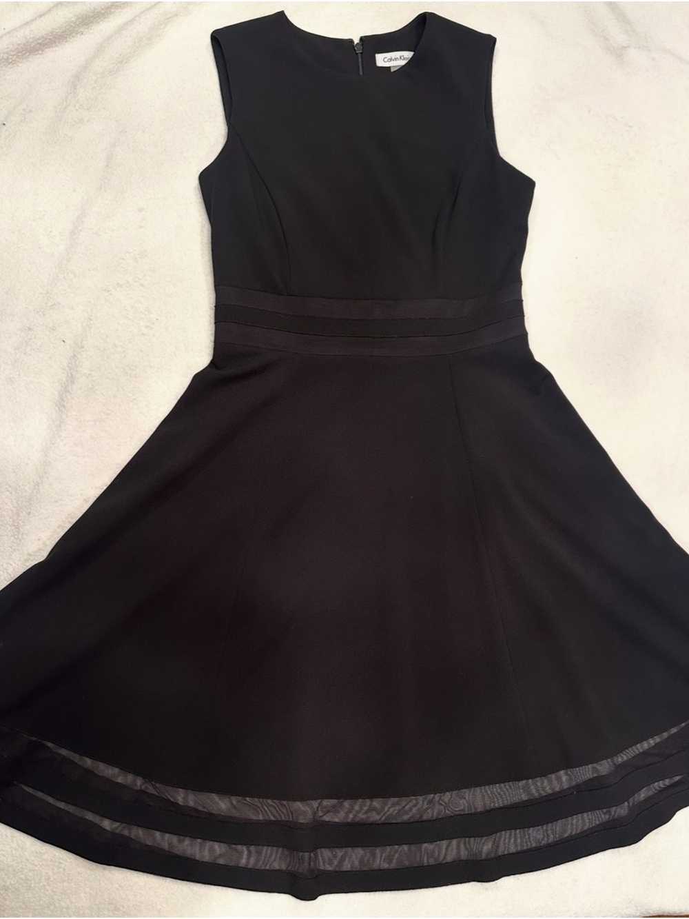 Calvin Klein Black Sleeveless Fit-and-Flare Dress with Sheer Hem Stripes
